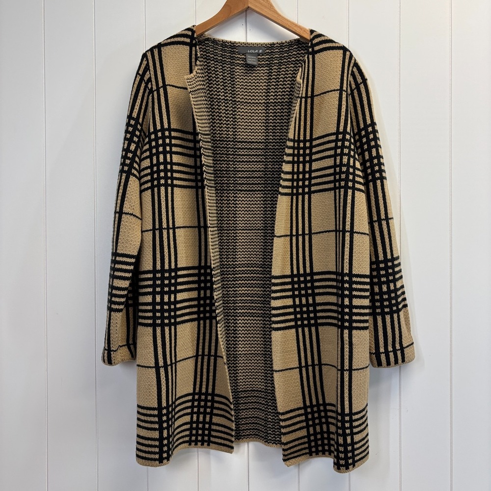 Lola B Dark Academia Plaid Cardigan Sweater Women Large Minimalist Layering